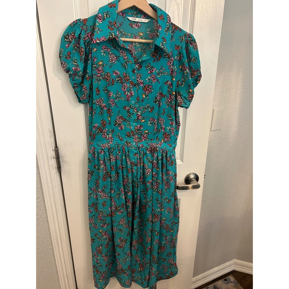 Floral Teal Midi Dress with Puff Sleeves